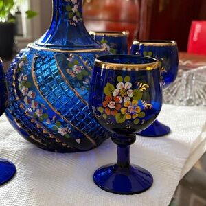 Elegant Blue and Gold Glass Decanter Set